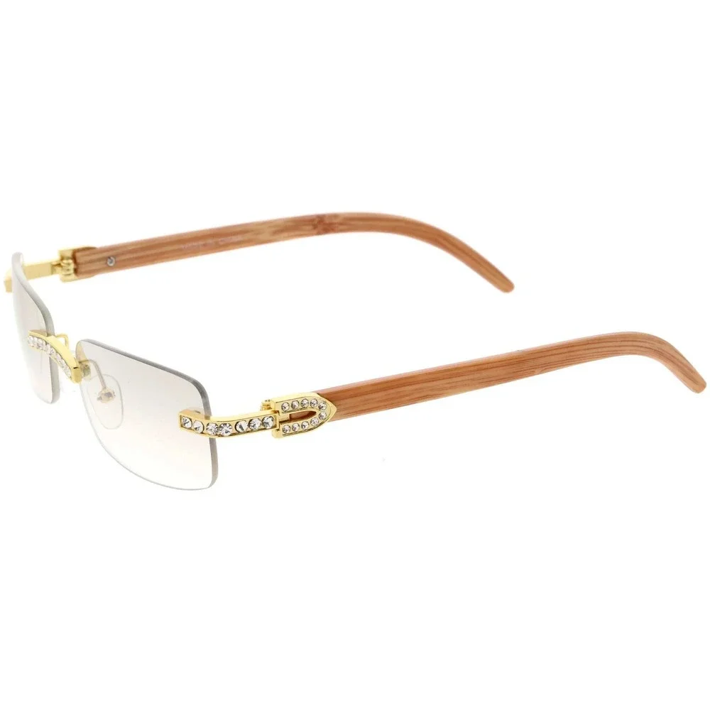 Rhinestone Rimless Sunglasses Wood Grain Arms Hip Hop Fashion Men Street Hip Hop